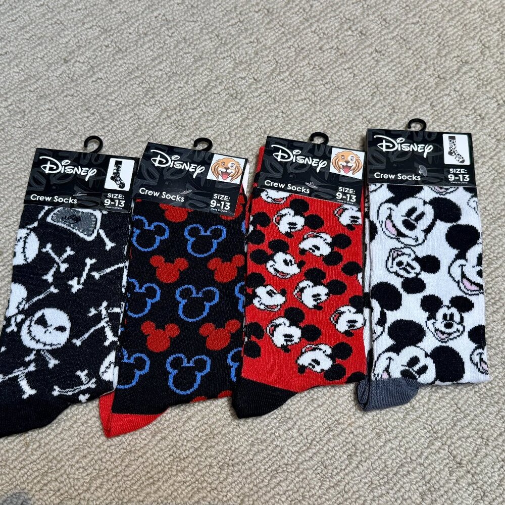 4 Disney Mickey Mouse New Novelty Crew Socks Size 6-12/13 - Men's/Women's -